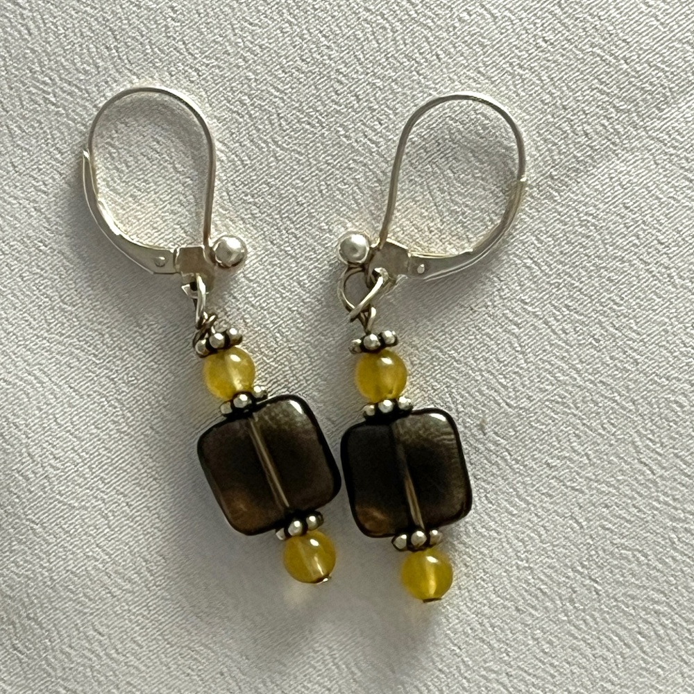 Drop Earrings: Smokey Quartz and Honey Calcite Beads wSterling Silver